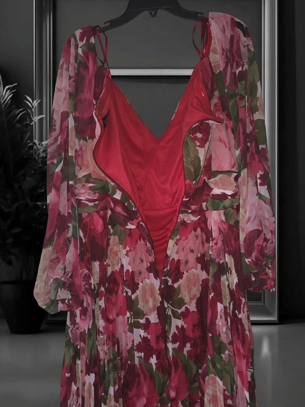Xscape Plus Size Floral Pleated Maxi Off-The-Shoul Red Olive 20W Dress - Picture 4 of 16